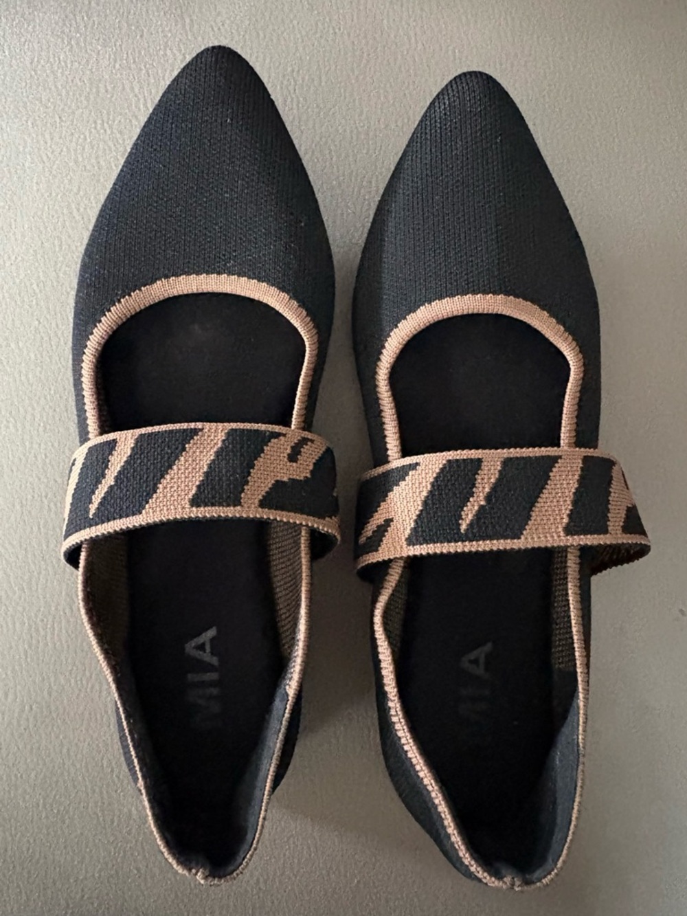 MIA Black and Beige Knit Mary Jane Flats with Patterned Strap